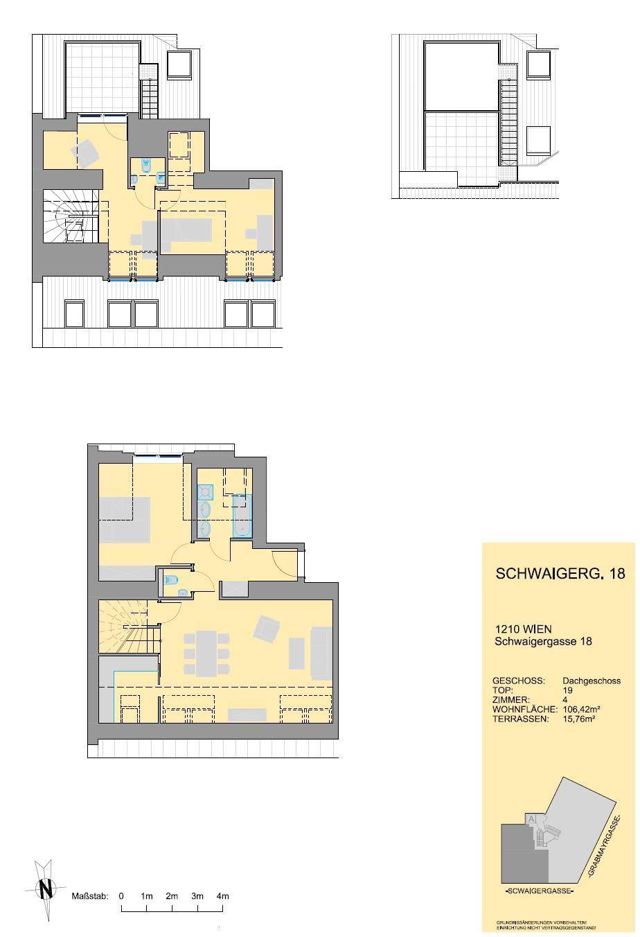 Grundrisspläne zeigen zwei Ebenen einer Dachgeschosswohnung mit offenem Wohnbereich und Terrasse.