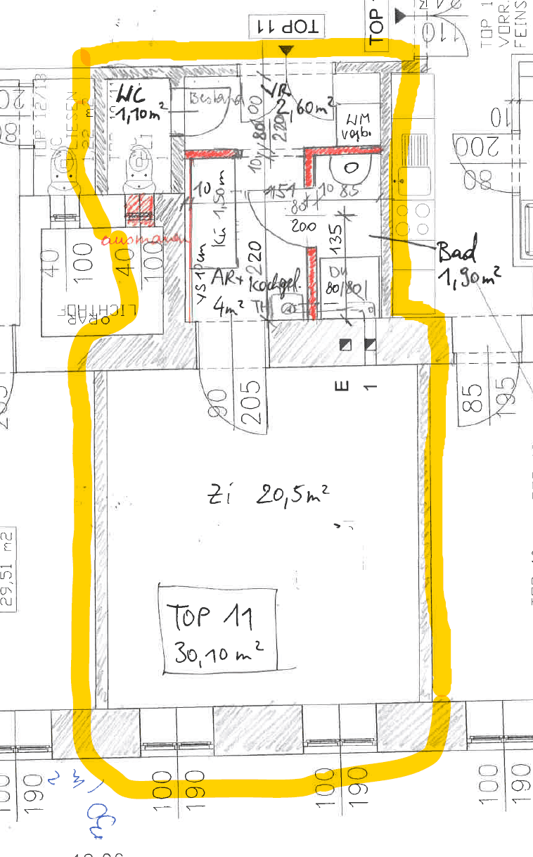 Grundriss einer Wohnung mit einem Zimmer, Bad und separatem WC, Gesamtfläche 30,10m².