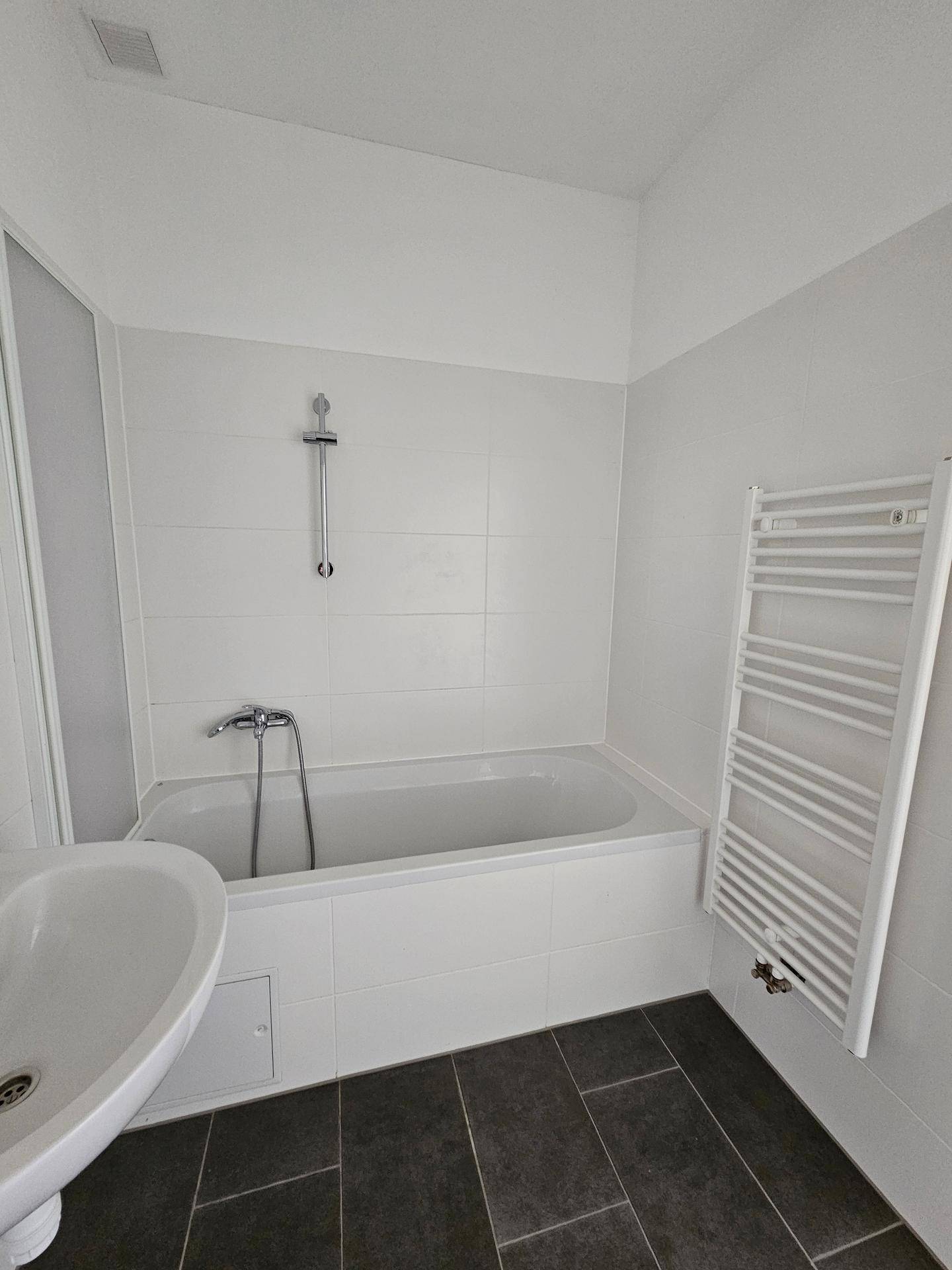 Modernes Badezimmer mit Badewanne, Duscharmatur und beheiztem Handtuchhalter.