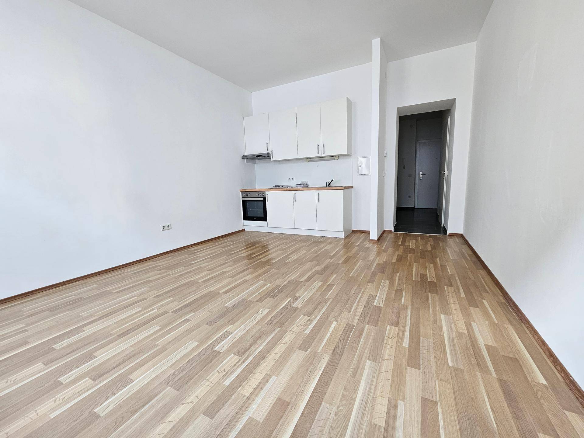 Wohnbereich mit integrierter Küchenzeile, hellem Holzparkett und weißen Wänden.