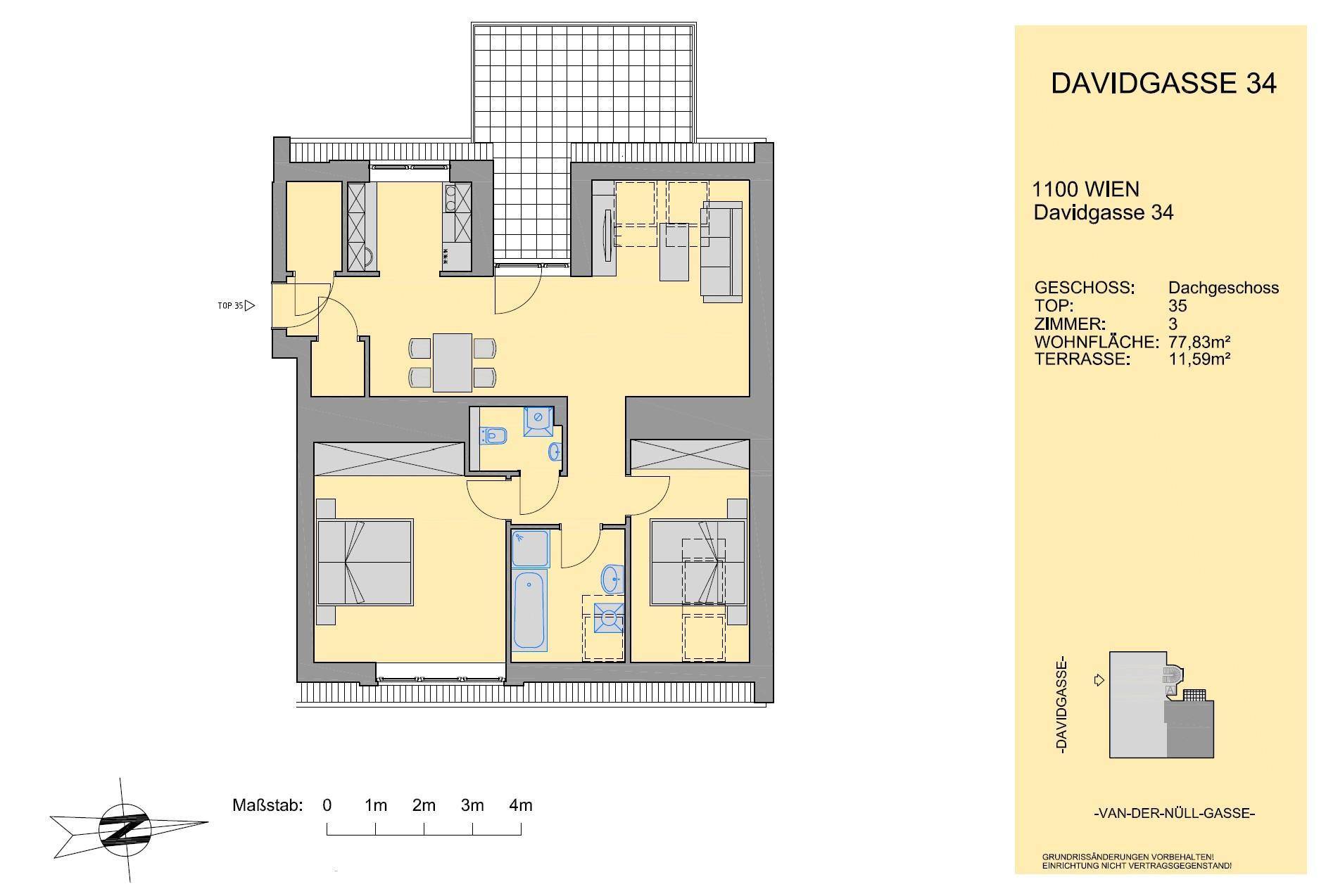 Detaillierter Grundriss einer Dachgeschosswohnung mit drei Zimmern und Terrasse.