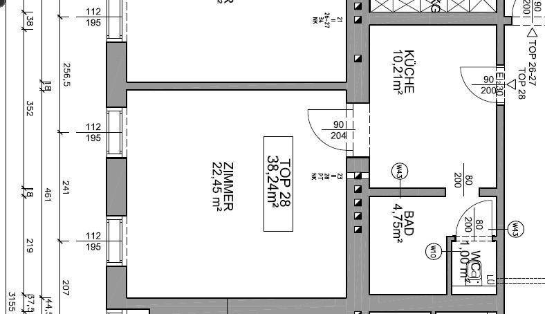 Grundriss einer Wohnung mit separater Küche, Bad und WC sowie einem großen Zimmer und großen Fenstern.