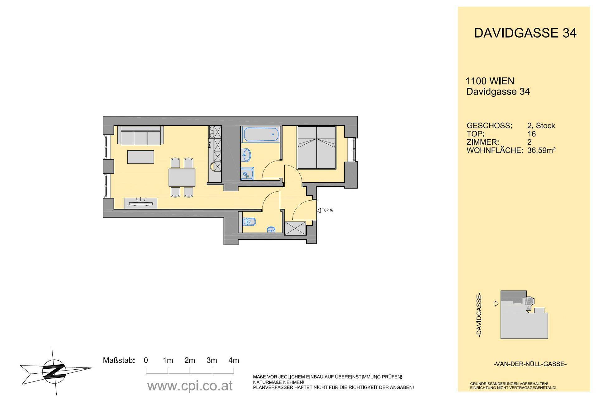 Grundriss der Wohnung Davidgasse 34, Top 16, mit zwei Zimmern und 36,59m² Wohnfläche.