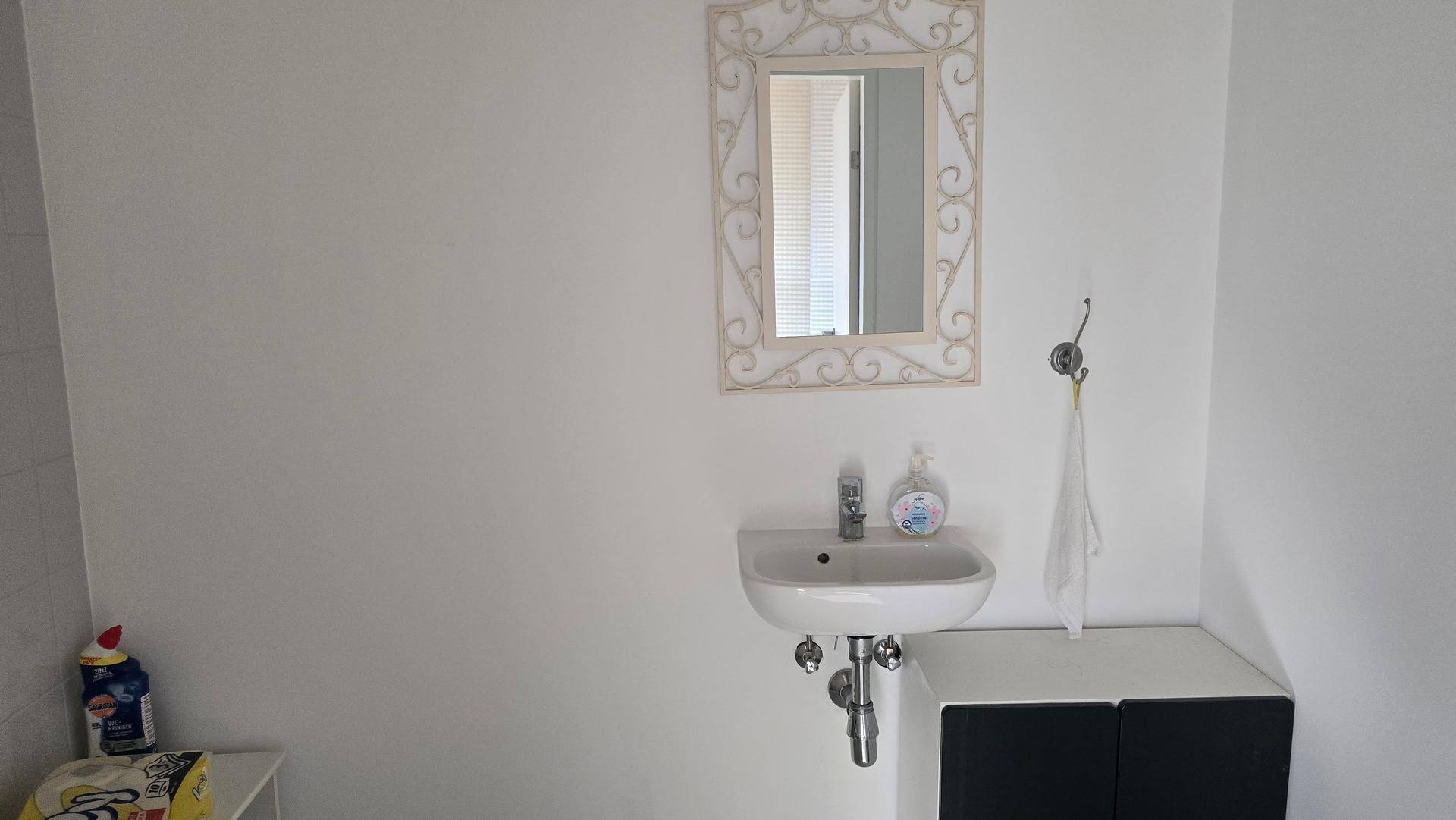 Funktionales Gäste-WC mit Waschbecken, Spiegel und weißen Wänden.
