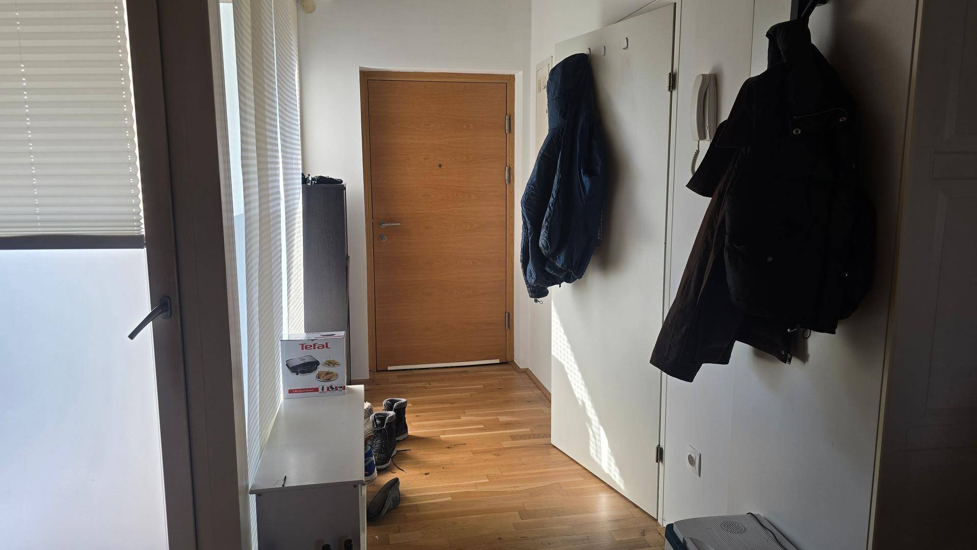 Heller Eingangsbereich mit Holzboden, Garderobe und einer Holztür.