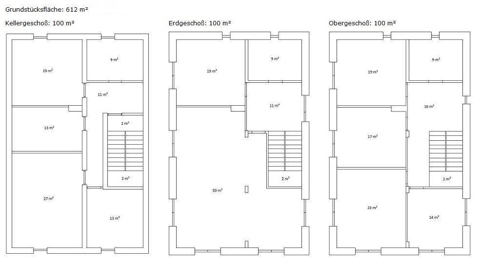 Drei detaillierte Grundrisse für Keller-, Erd- und Obergeschoss mit Raumaufteilung und Flächenangaben.
