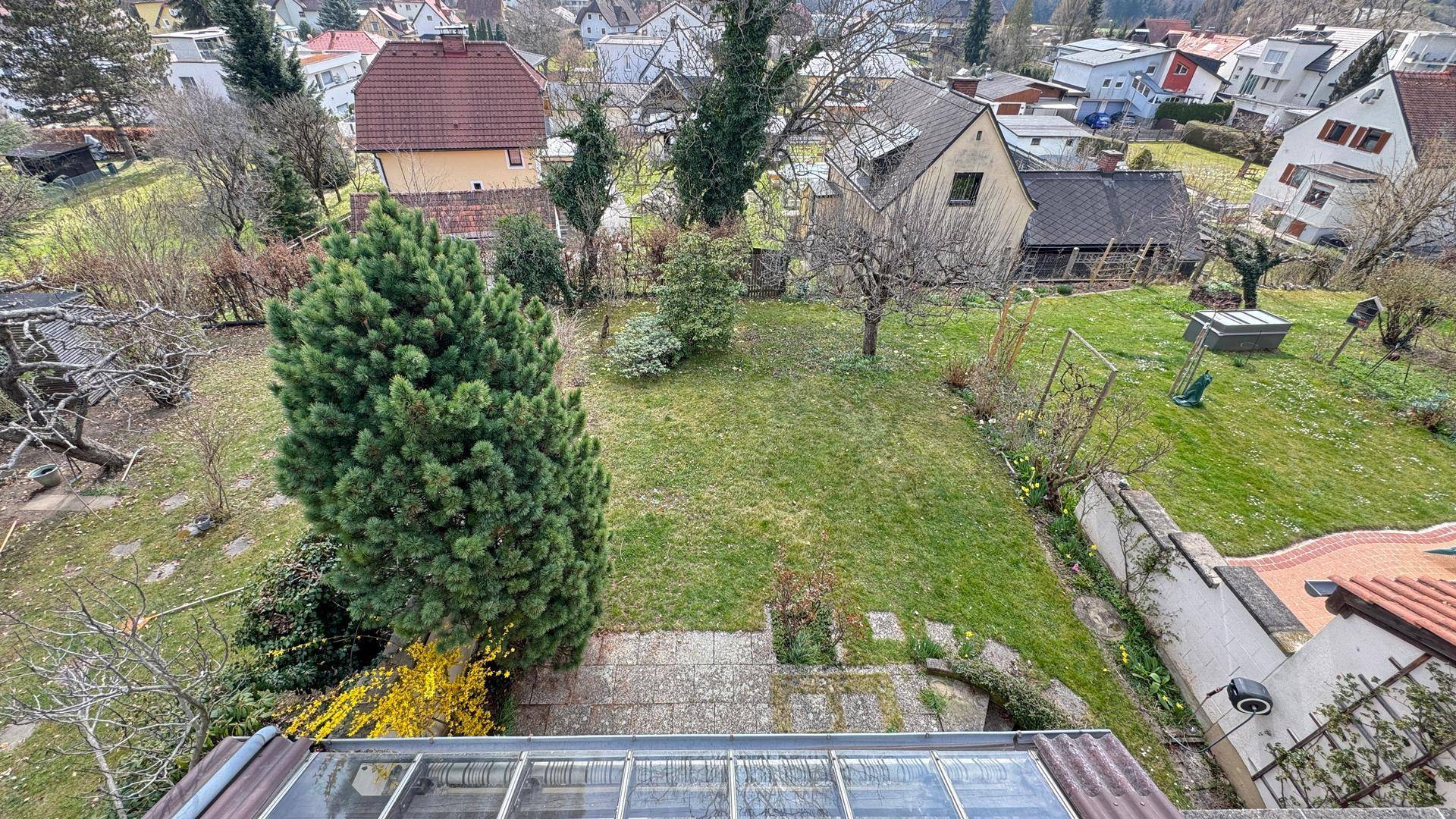 Weitläufiger Gartenbereich mit altem Baumbestand und Blick auf die Nachbarschaft.