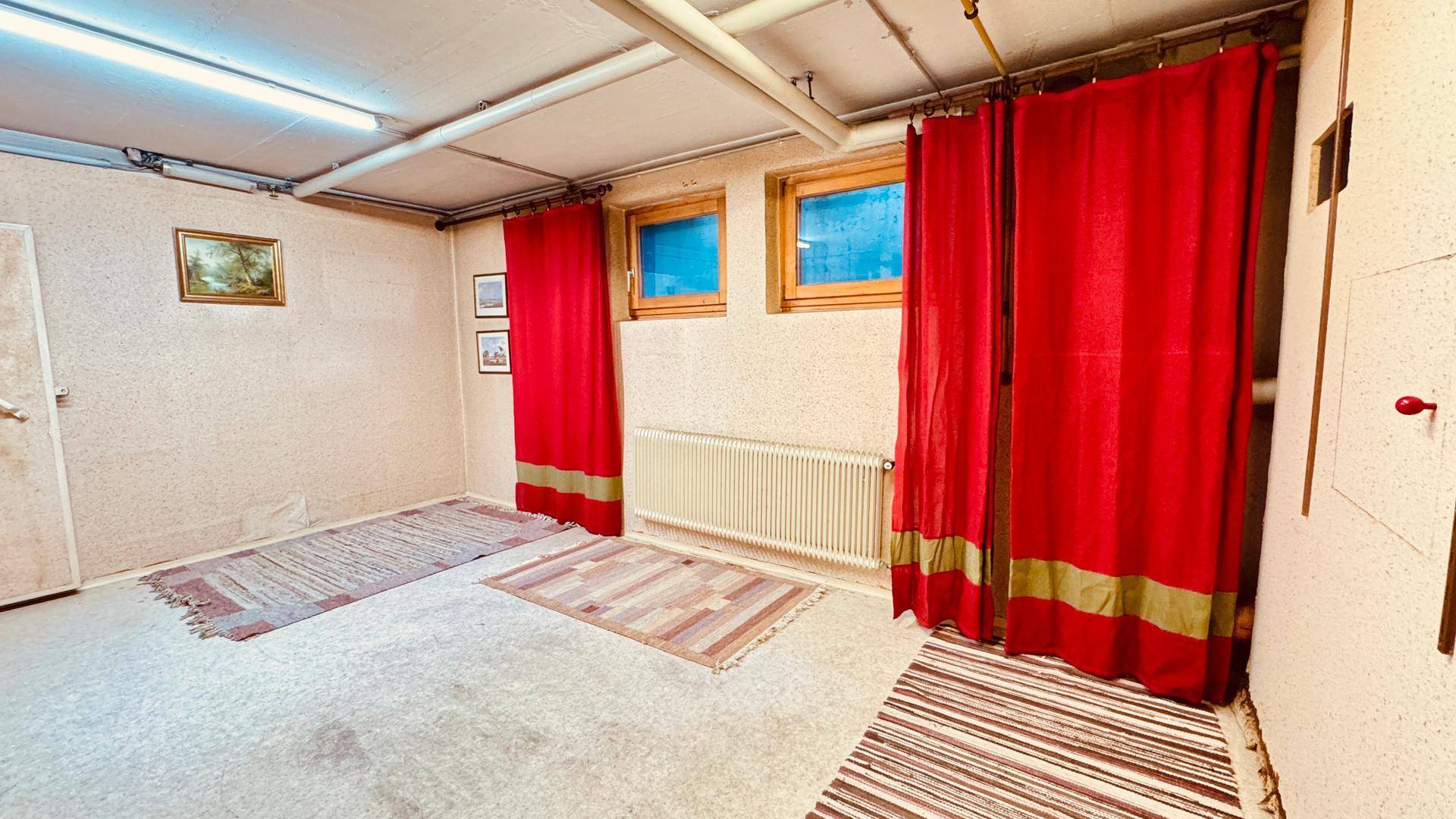 Ausgebauter Kellerraum mit Fenstern, Heizkörper und Teppichen.