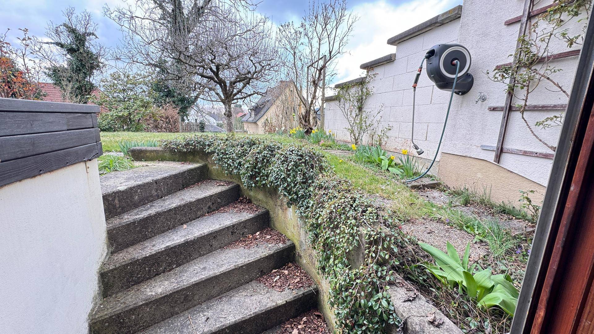 Steintreppe, die zum gepflegten Gartenbereich führt.