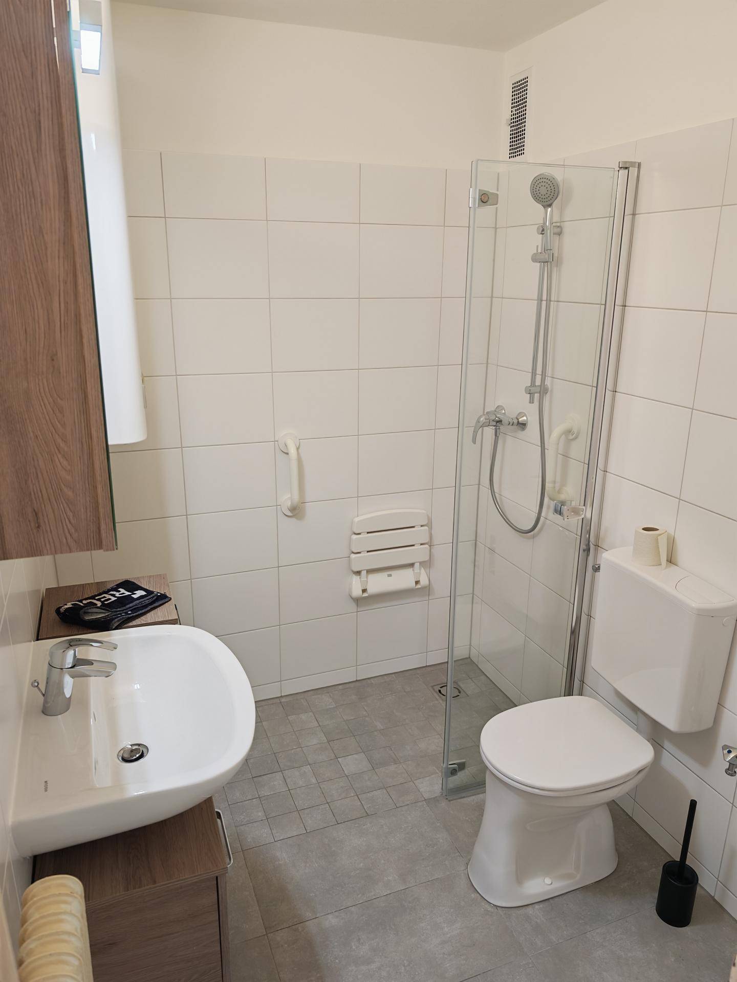Modernes Badezimmer mit Dusche, WC, Waschbecken und Haltegriffen für Barrierefreiheit.