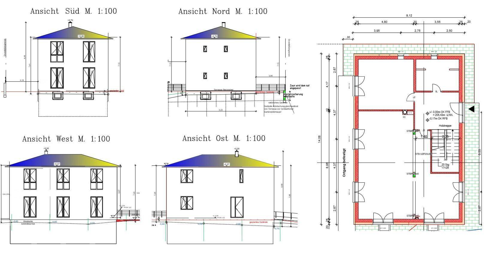 Architektonische Ansichten und Grundriss eines Hauses mit Satteldach und großen Fenstern.