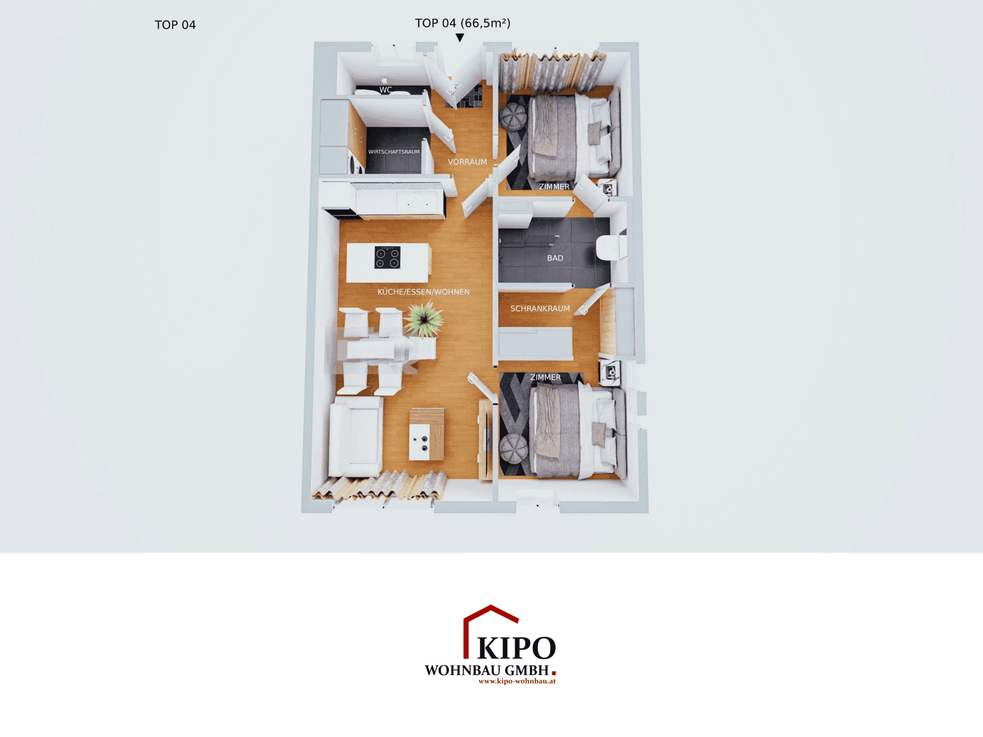 Grundriss der Wohnung TOP 04 mit 66,5m², offenem Wohnbereich, zwei Zimmern und Balkon.