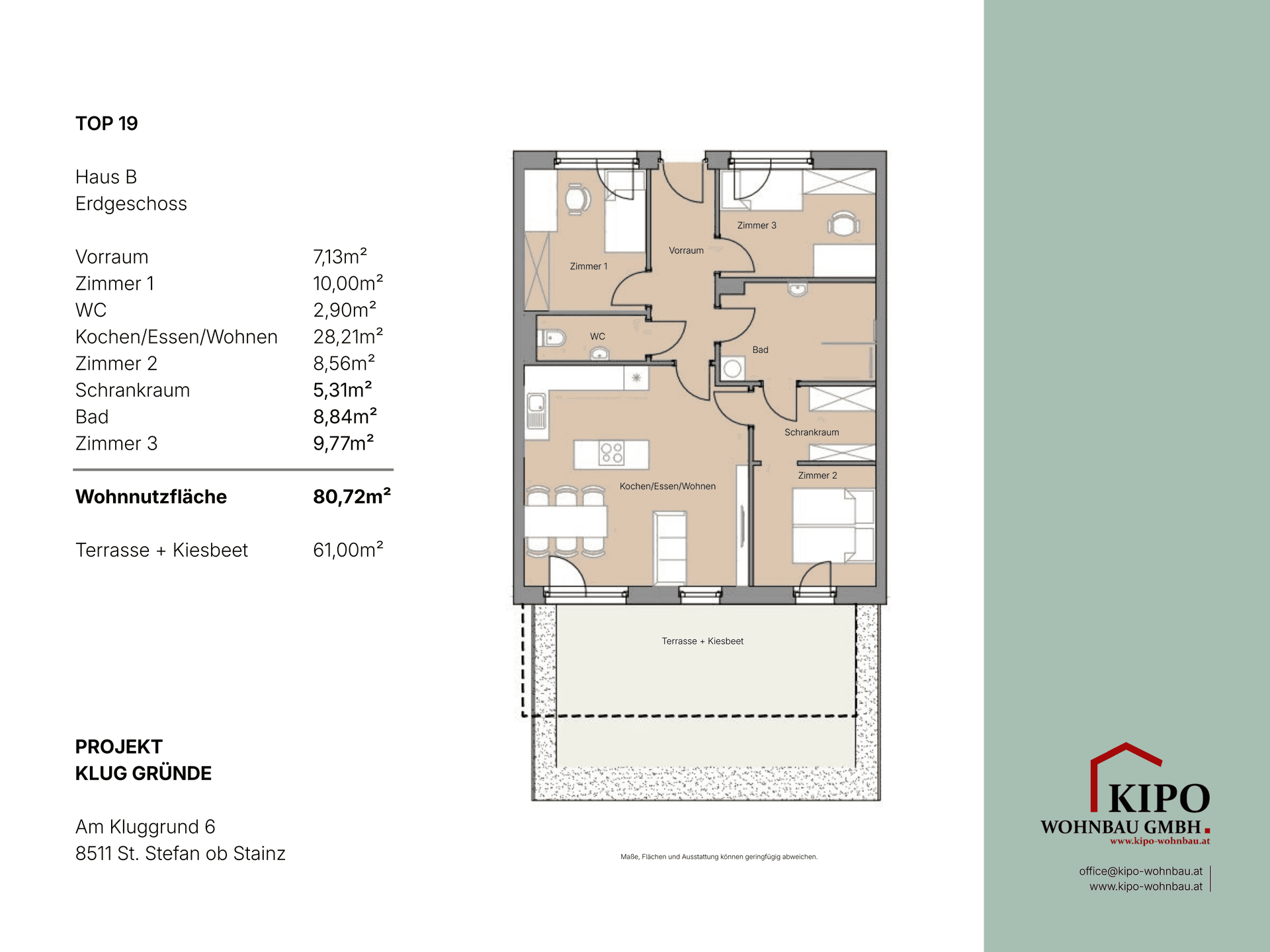 Detaillierter Grundriss mit Raumaufteilung, Flächenangaben und Terrasse.