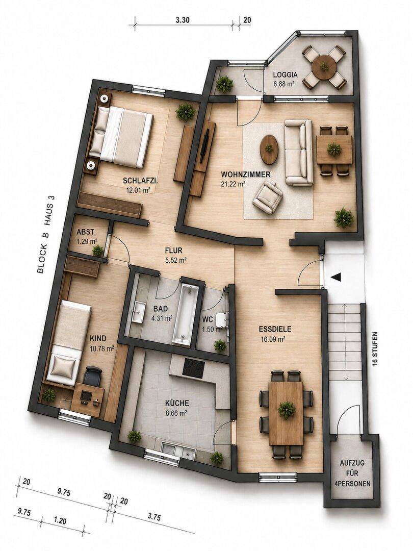 Detaillierter Grundriss einer Wohnung mit Wohnzimmer, Schlafzimmern und Loggia, übersichtlich dargestellt.