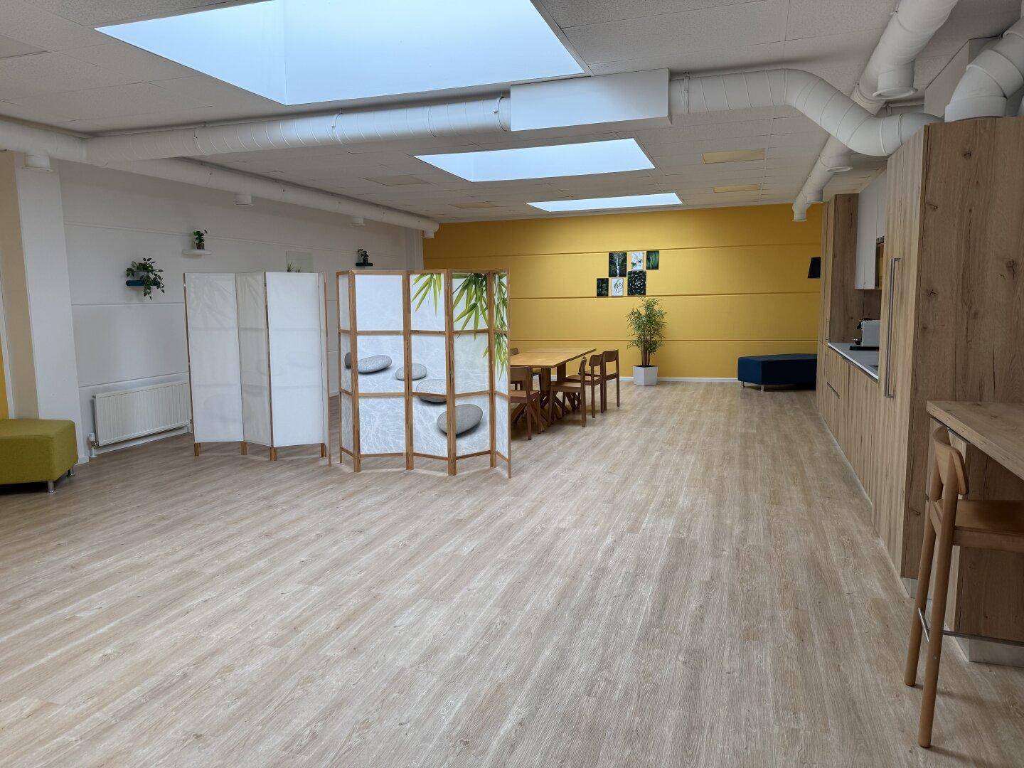 Großer offener Bereich mit verschiedenen Zonen, Holzboden und viel Tageslicht, vielseitig nutzbar.