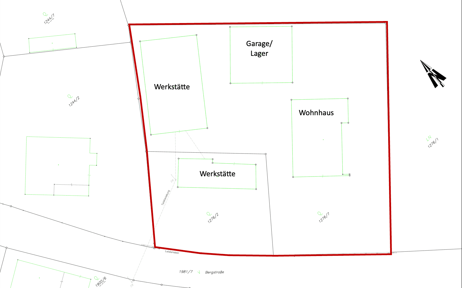 Übersichtsplan des Grundstücks mit Wohnhaus, Werkstätten und Garage/Lager.