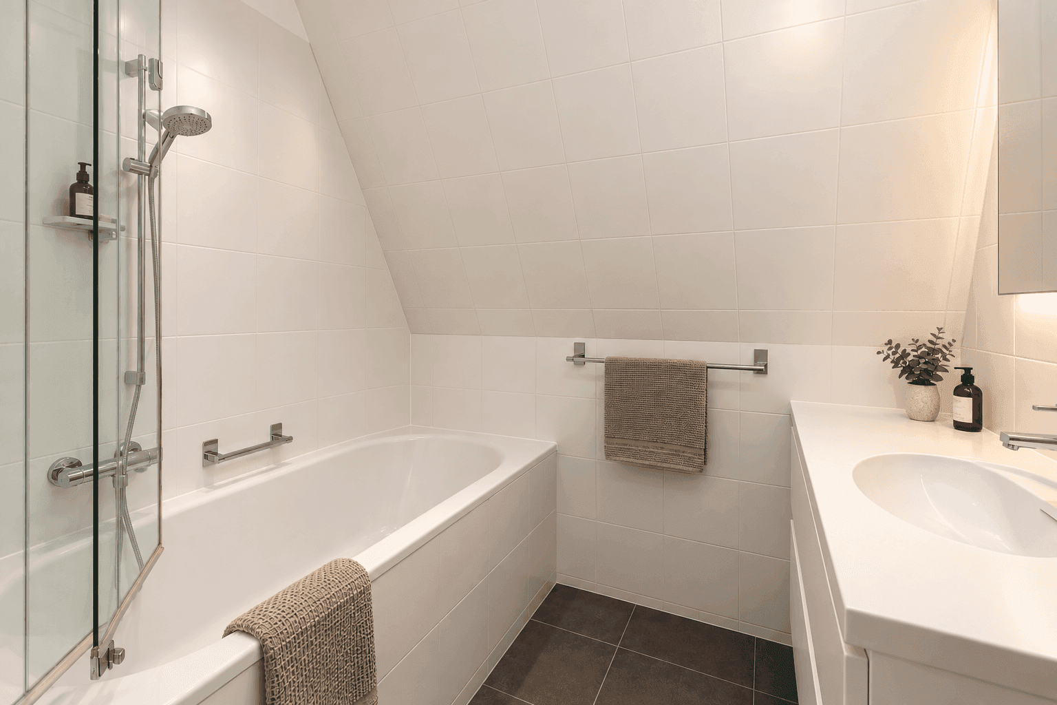 Modernes Badezimmer mit Badewanne, Dusche, Einzelwaschbecken und dunklen Bodenfliesen.