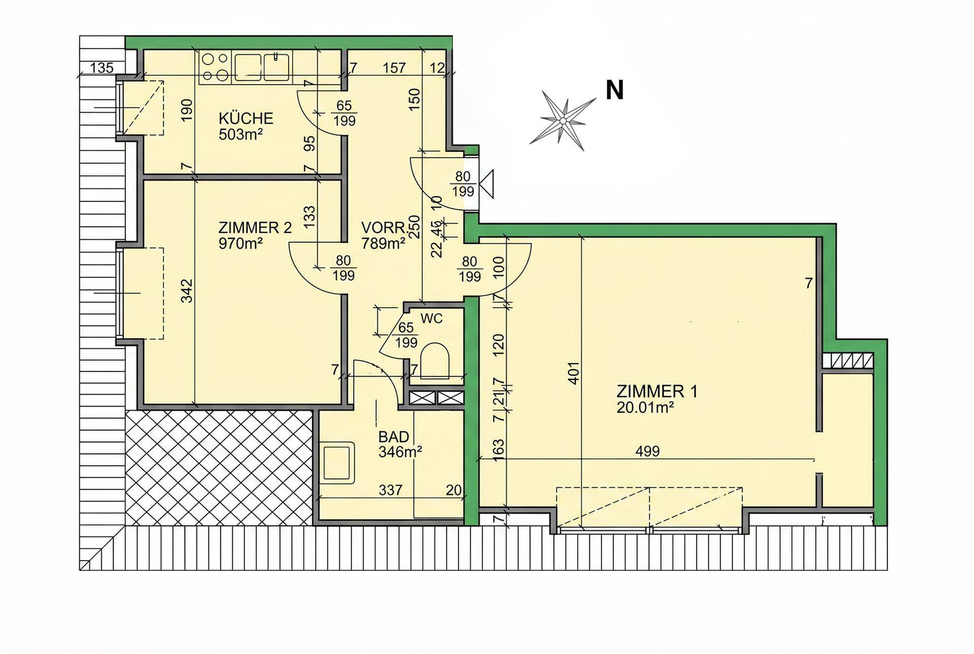 Grundriss einer Wohnung mit zwei Zimmern, Küche, Bad und separatem WC.