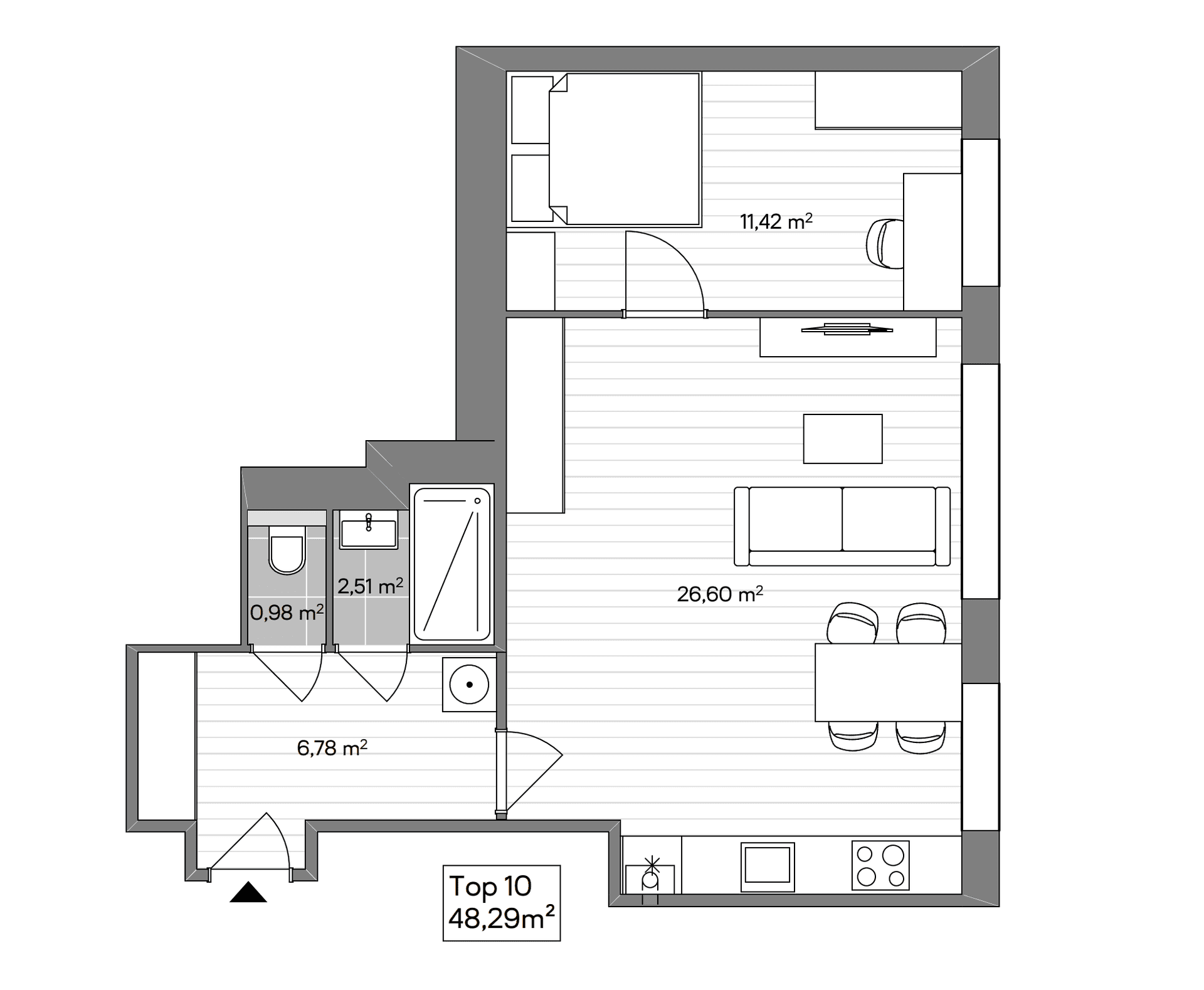 Grundriss einer Wohnung mit Schlafzimmer, Wohnbereich und separater Küche.