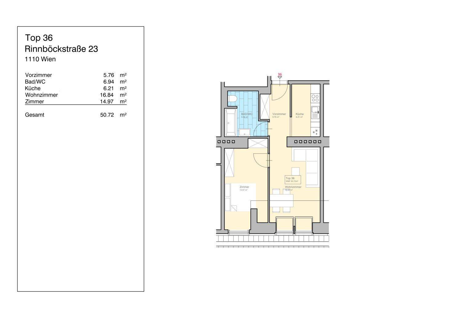 Grundriss der Wohnung Top 36 mit 50,72 m² und effizienter Raumaufteilung.