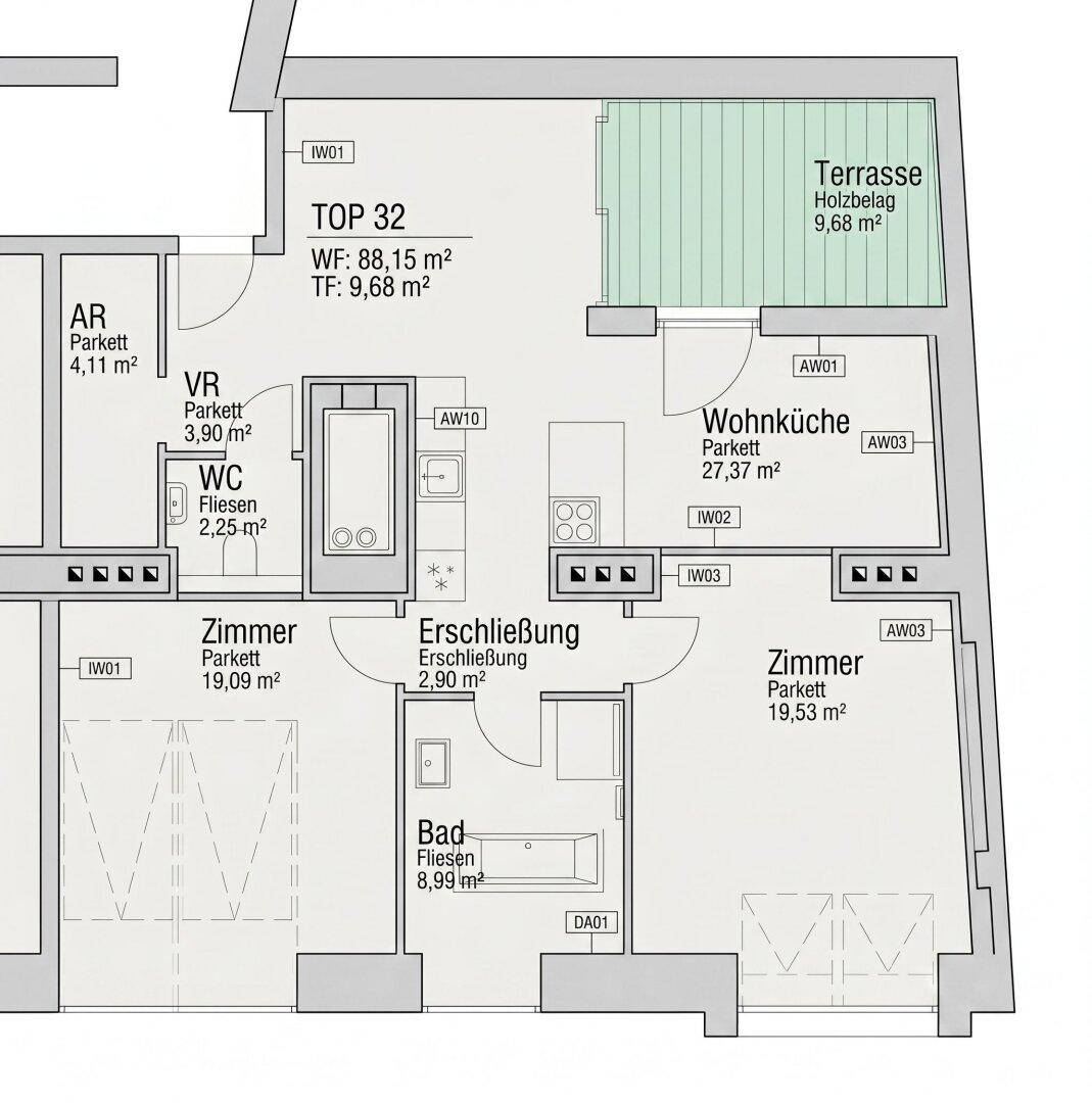 Grundriss der Wohnung TOP 32 mit Terrasse, Wohnküche und zwei Zimmern.