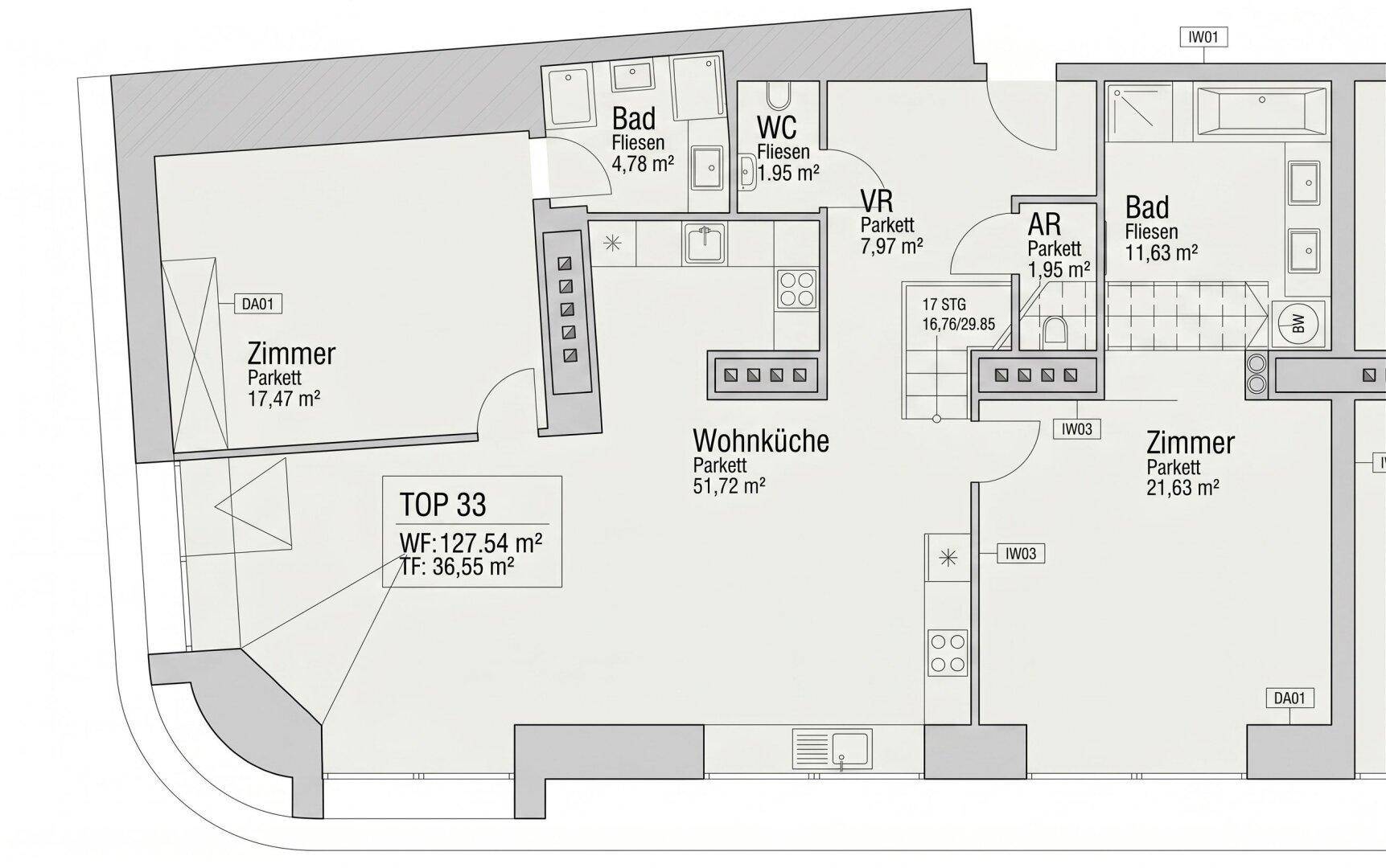 Detaillierter Grundriss der Wohnung mit offener Wohnküche, zwei Bädern und separatem WC.