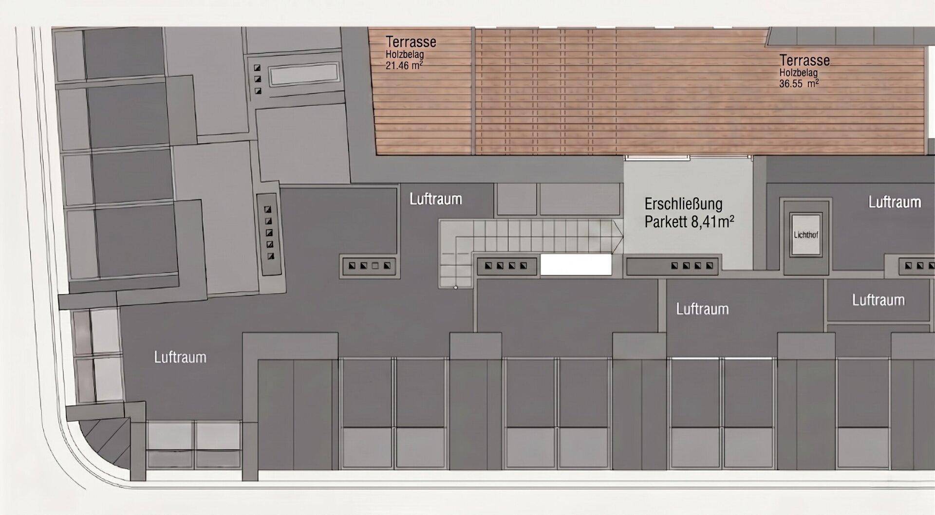 Grundriss des Dachgeschosses mit zwei Terrassen und Lufträumen.