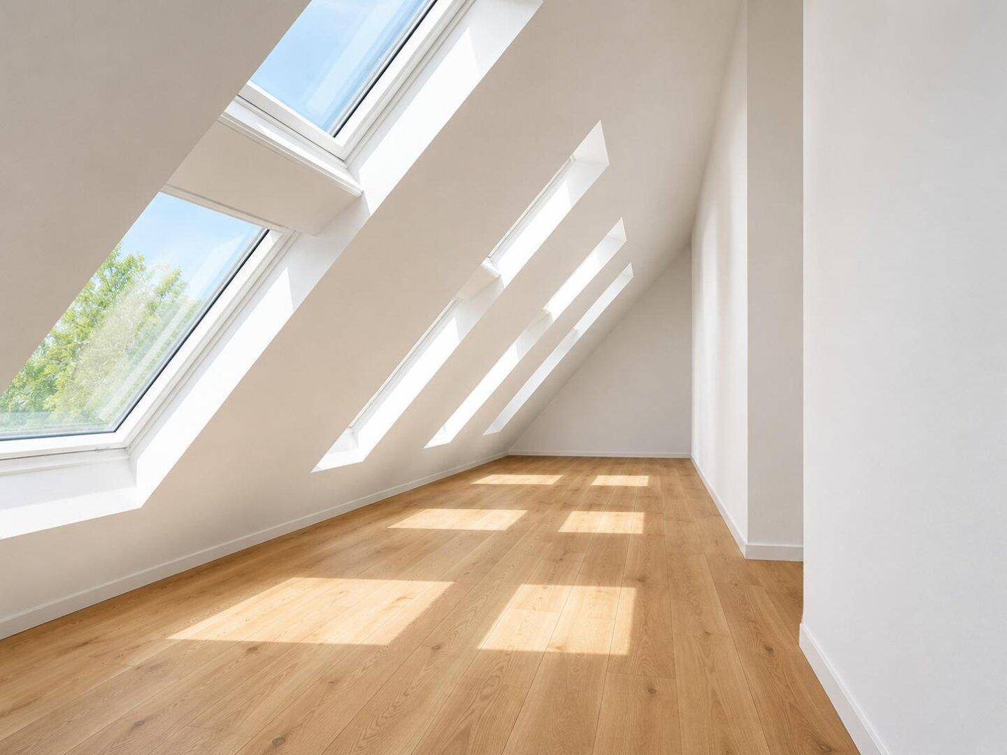 Heller, leerer Raum im Dachgeschoss mit vielen Dachfenstern und Holzboden.
