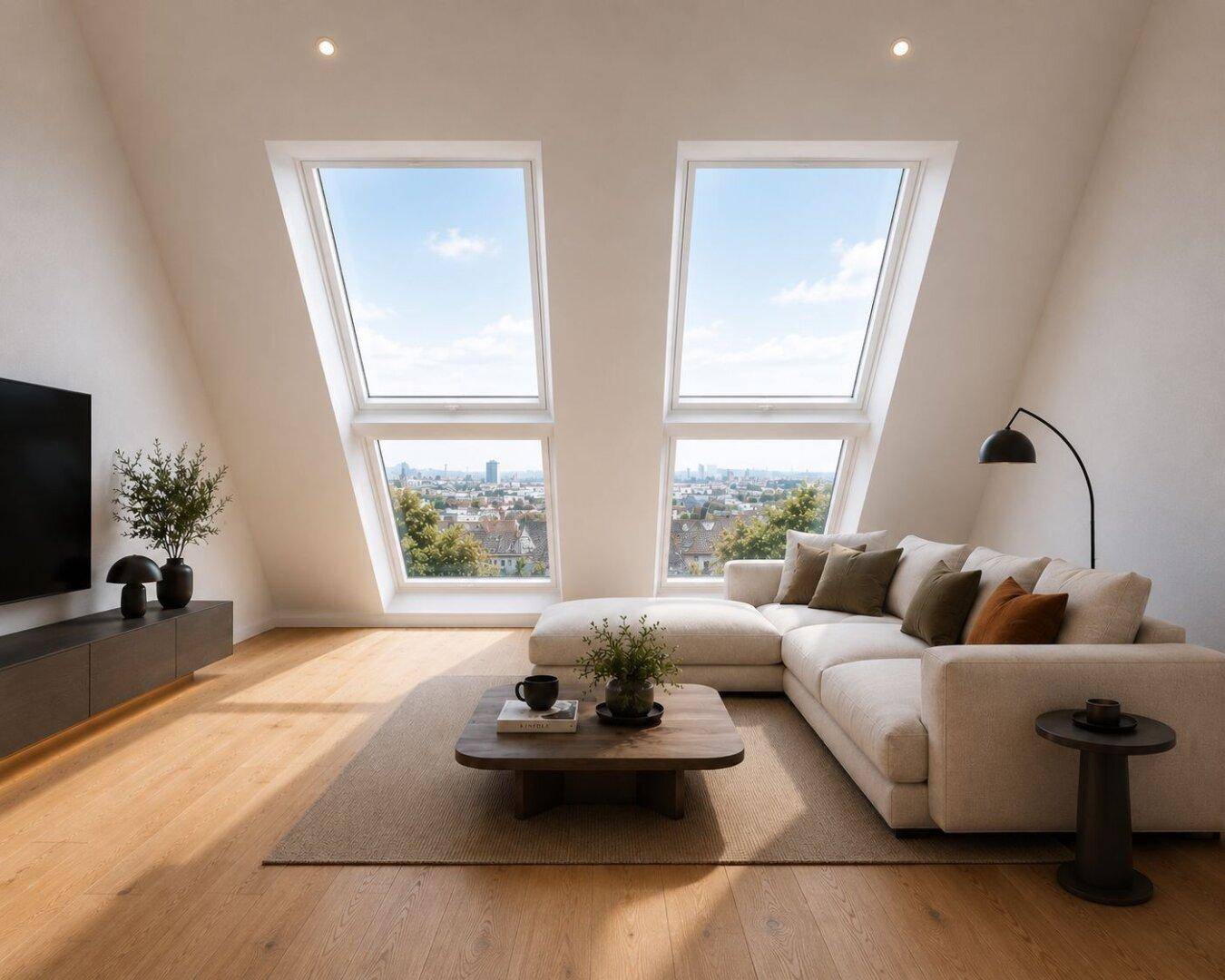 Helles Wohnzimmer im Dachgeschoss mit großen Dachfenstern und weitem Stadtblick.