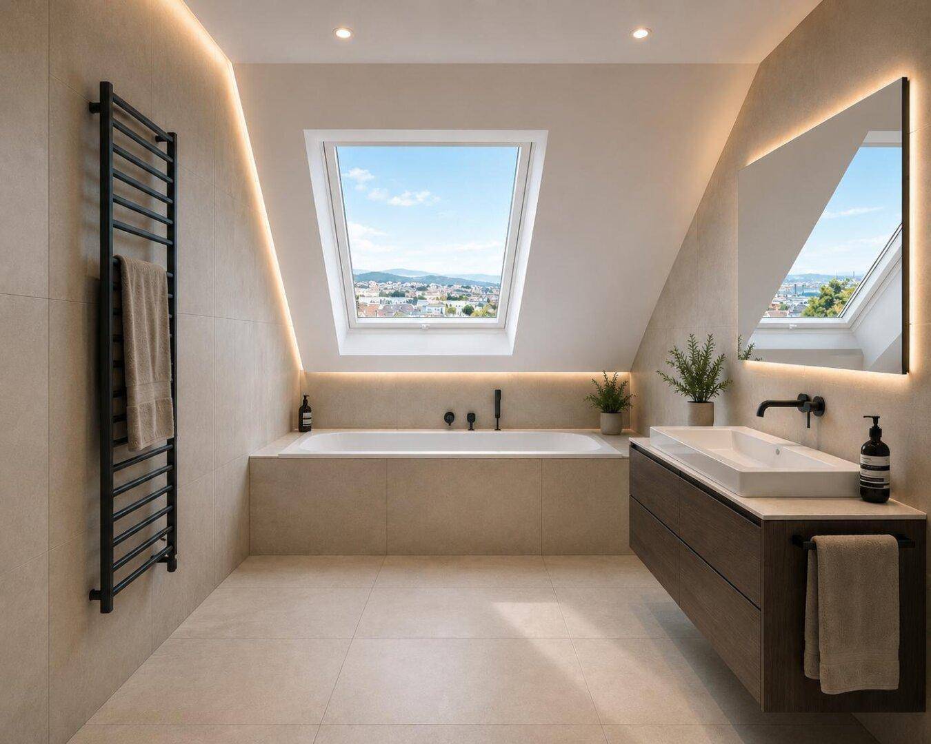 Modernes Badezimmer mit Badewanne, Waschtisch und Dachfenster mit Stadtblick.