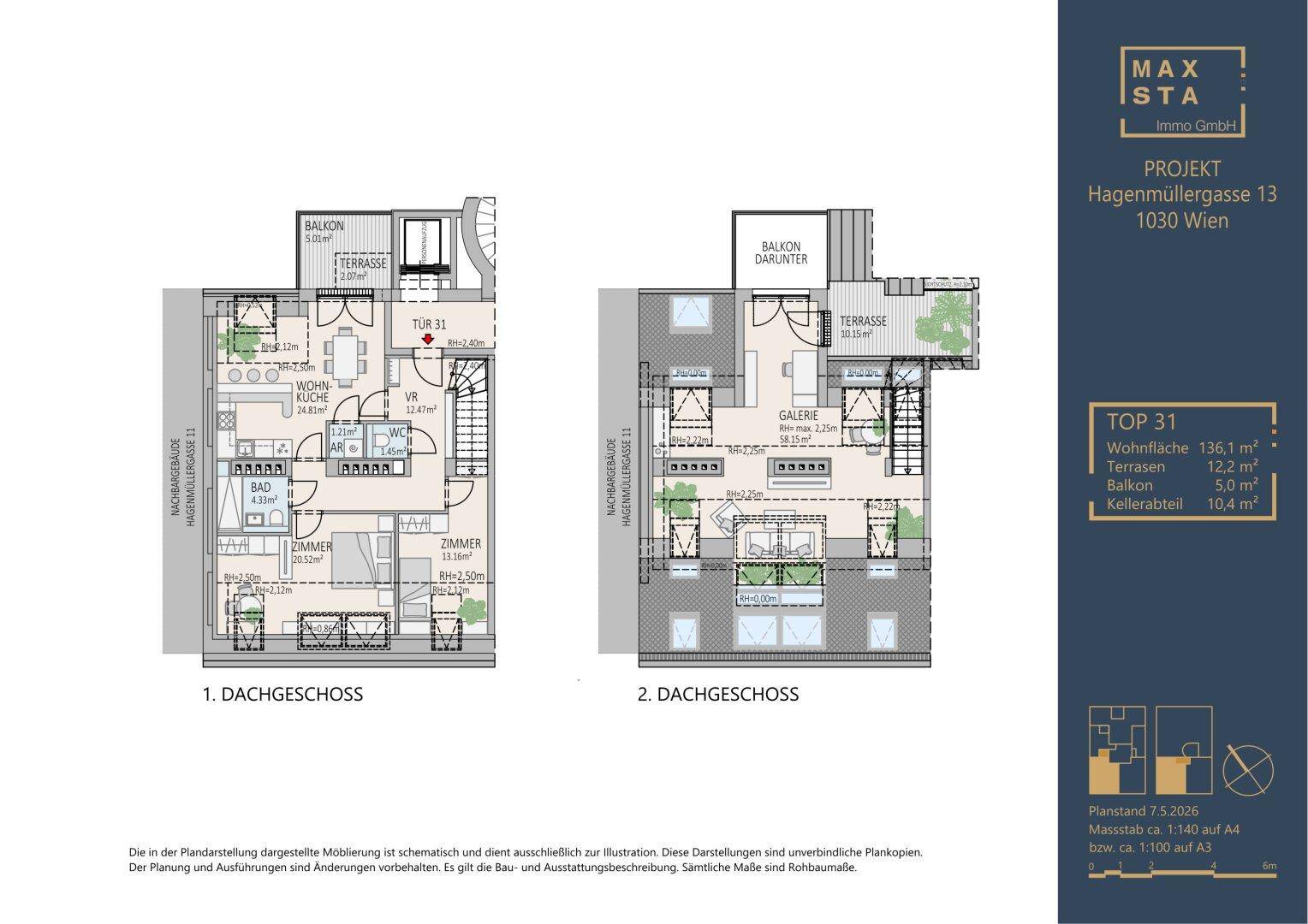 Grundrissplan einer Dachgeschosswohnung über zwei Ebenen mit Balkon und Terrasse.