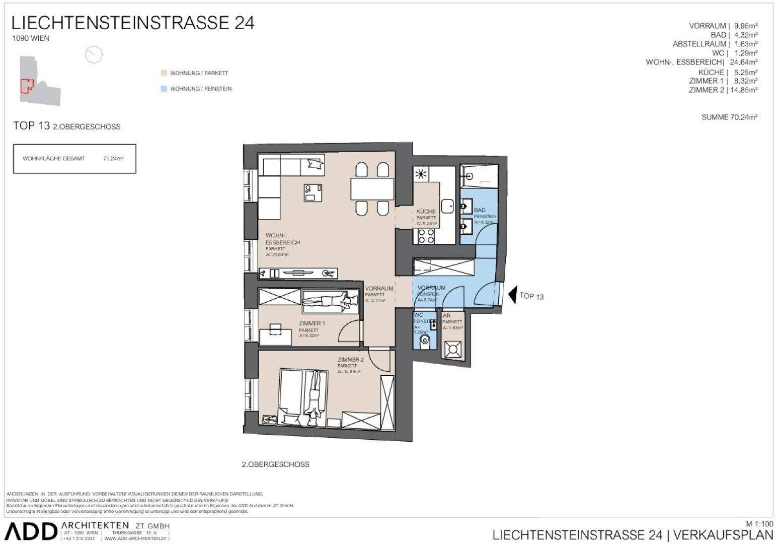 Grundriss der Wohnung Top 13 im 2. Obergeschoss mit Wohn-Essbereich und zwei Zimmern.