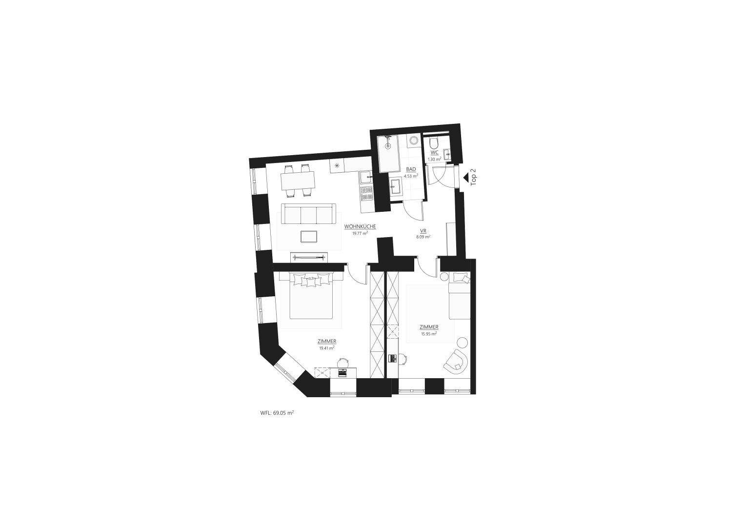 Grundriss einer Wohnung mit offenem Wohnbereich, zwei Schlafzimmern und einem Badezimmer.