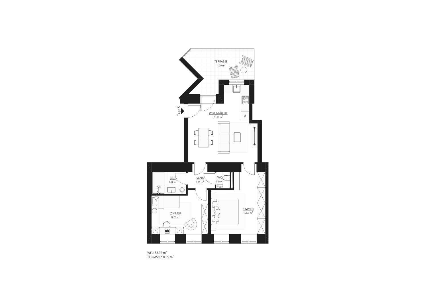Grundriss einer Wohnung mit zwei Zimmern, Bad, WC, offener Wohnküche und einer Terrasse.