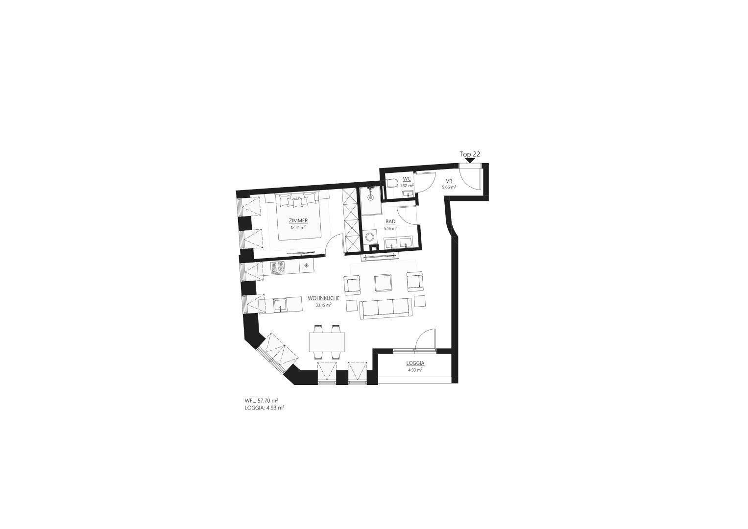 Grundriss einer Wohnung mit Wohnküche, Schlafzimmer und Loggia.
