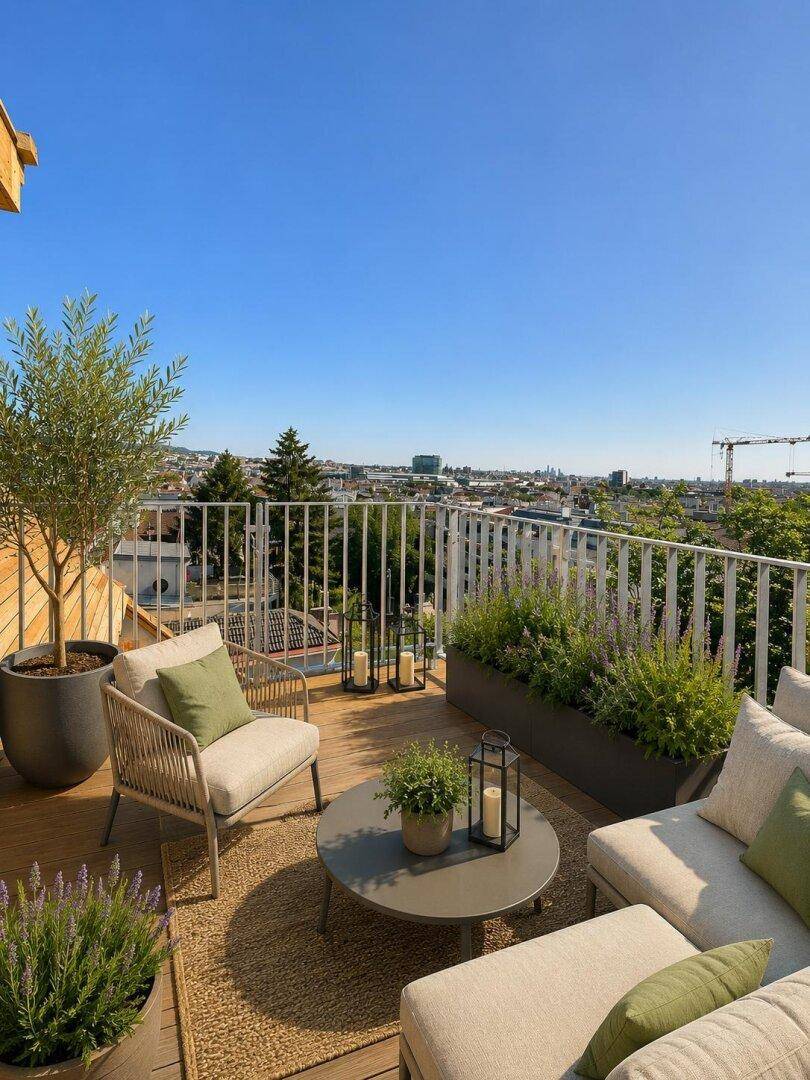 Helle Dachterrasse mit modernen Loungemöbeln, dekorativen Pflanzen und Panoramablick über die Stadt.