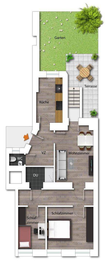 Grundriss der Wohnung mit Garten, Terrasse, Küche, Wohnzimmer und zwei Schlafzimmern.