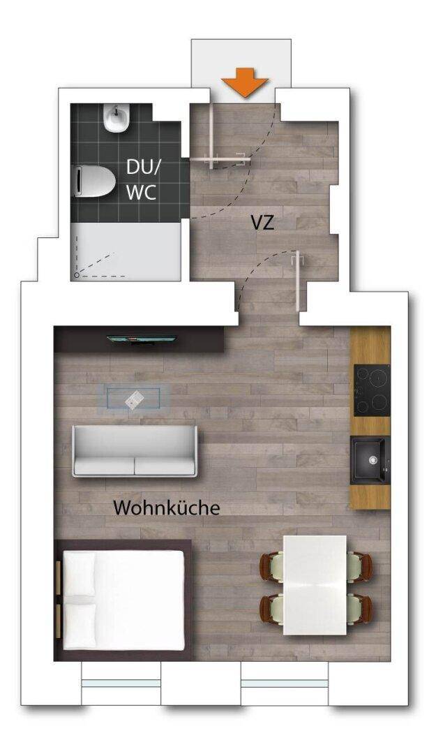 Grundriss eines Studio-Apartments mit Wohnküche, Schlafbereich und separatem Bad.