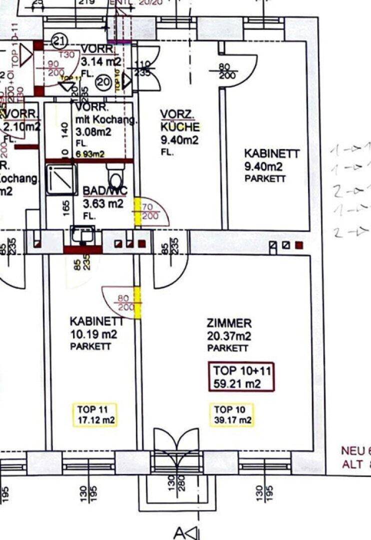 Detaillierter Grundriss mit Raumaufteilung, inklusive Bad/WC und Kochbereich.