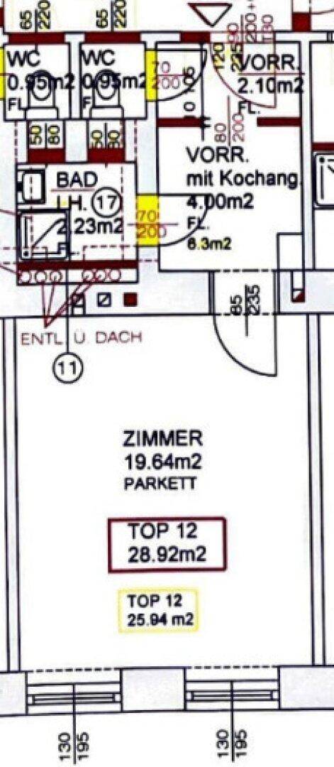 Grundrissplan mit Zimmern, Bad und WC, zeigt die Raumaufteilung der Wohnung.