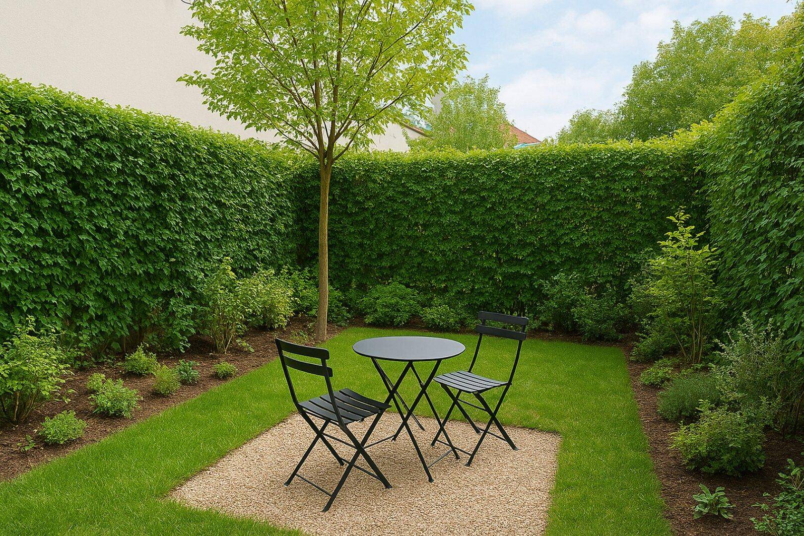 Gepflegter Gartenbereich mit hoher Hecke, Rasenfläche und einer kleinen Sitzgruppe.