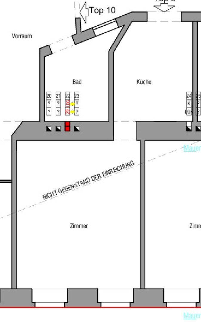 Grundriss einer Wohnung, der die Aufteilung mit Bad, Küche und weiteren Zimmern zeigt.