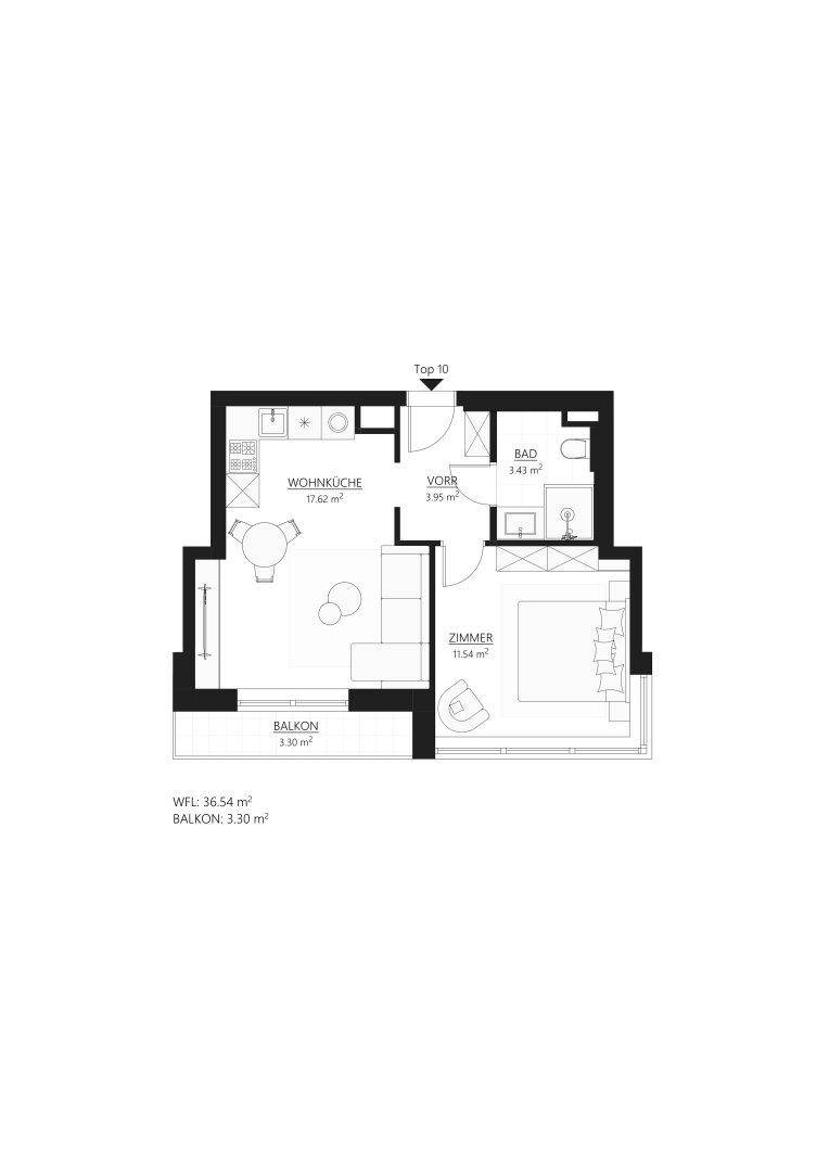 Grundriss einer Wohnung mit Wohnküche, Schlafzimmer, Bad und Balkon.