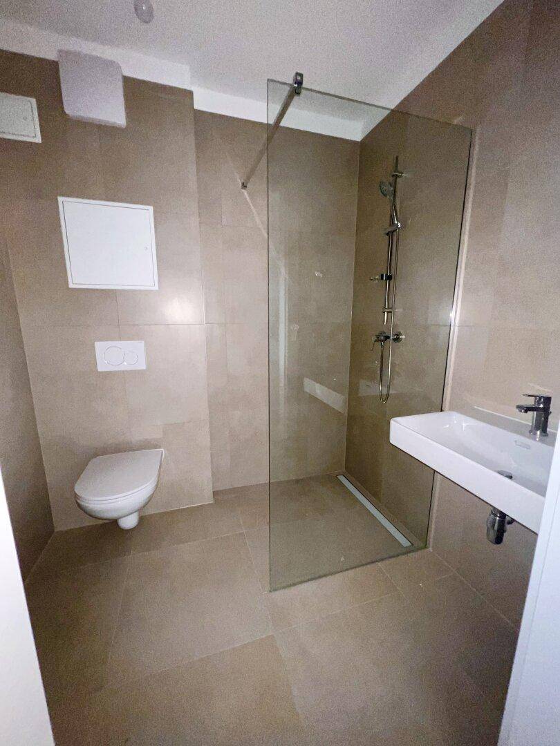 Modernes Badezimmer mit begehbarer Dusche, Wand-WC und hellem Fliesenboden.