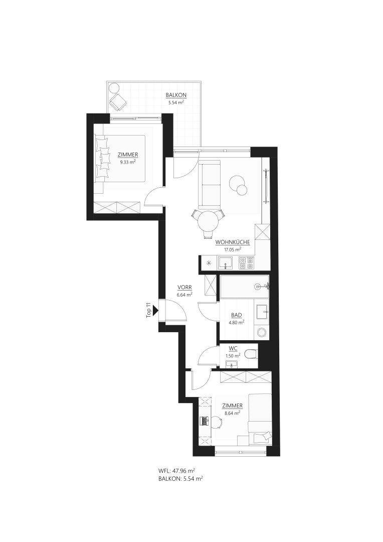 Grundriss einer Wohnung mit zwei Zimmern, Wohnküche, Bad, WC und einem Balkon.