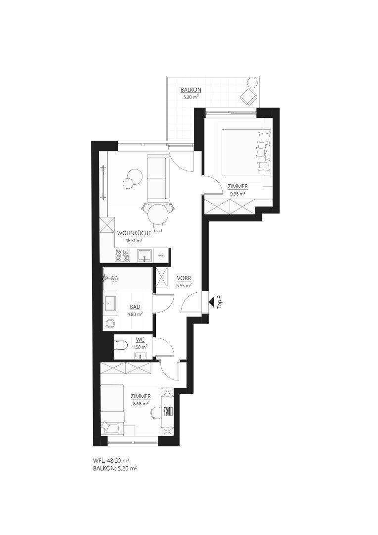 Grundriss einer Wohnung mit Wohnküche, zwei Zimmern, Bad, WC und Balkon.