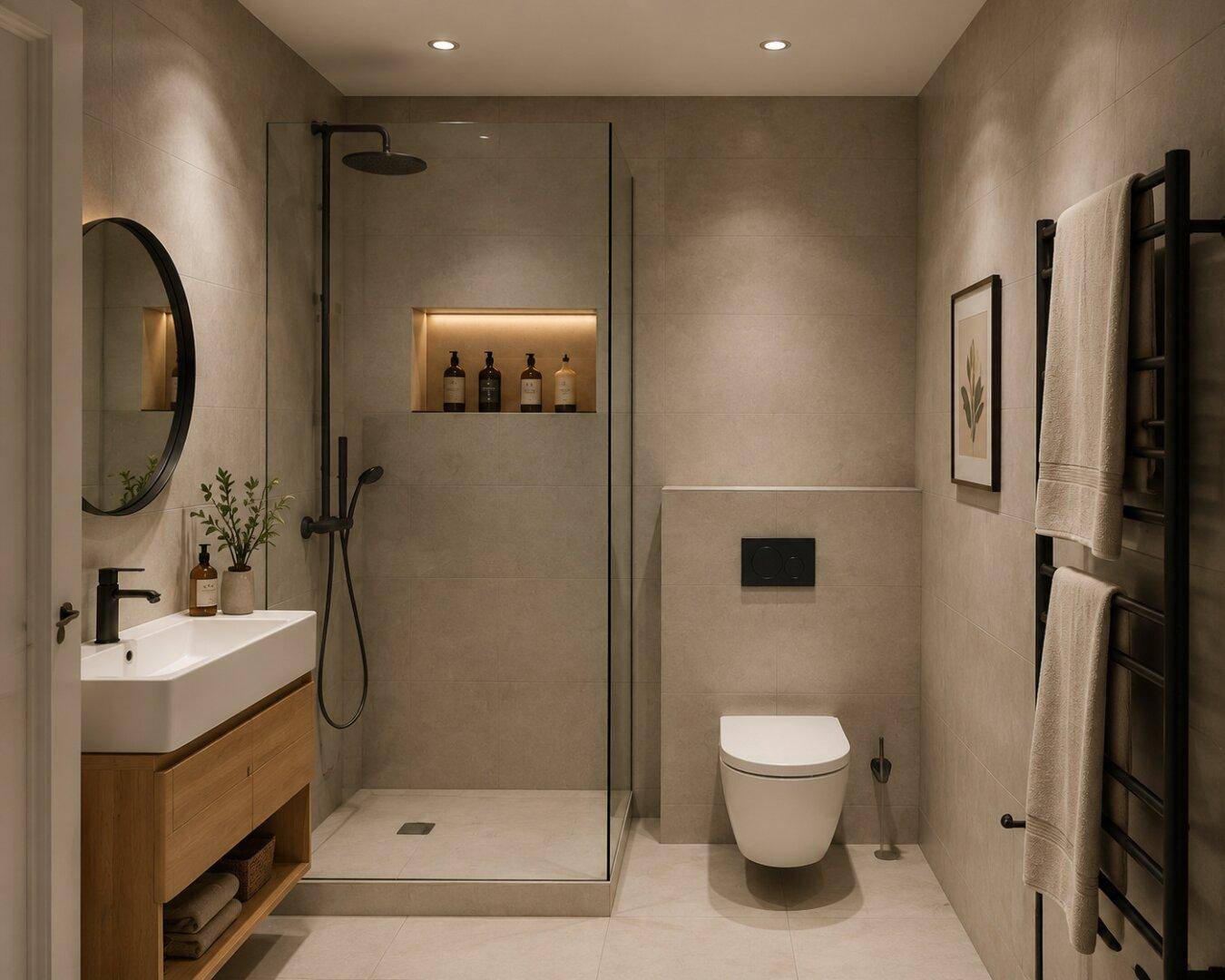 Modernes Badezimmer mit begehbarer Dusche, Hänge-WC und stilvollen grauen Fliesen, sehr elegant.