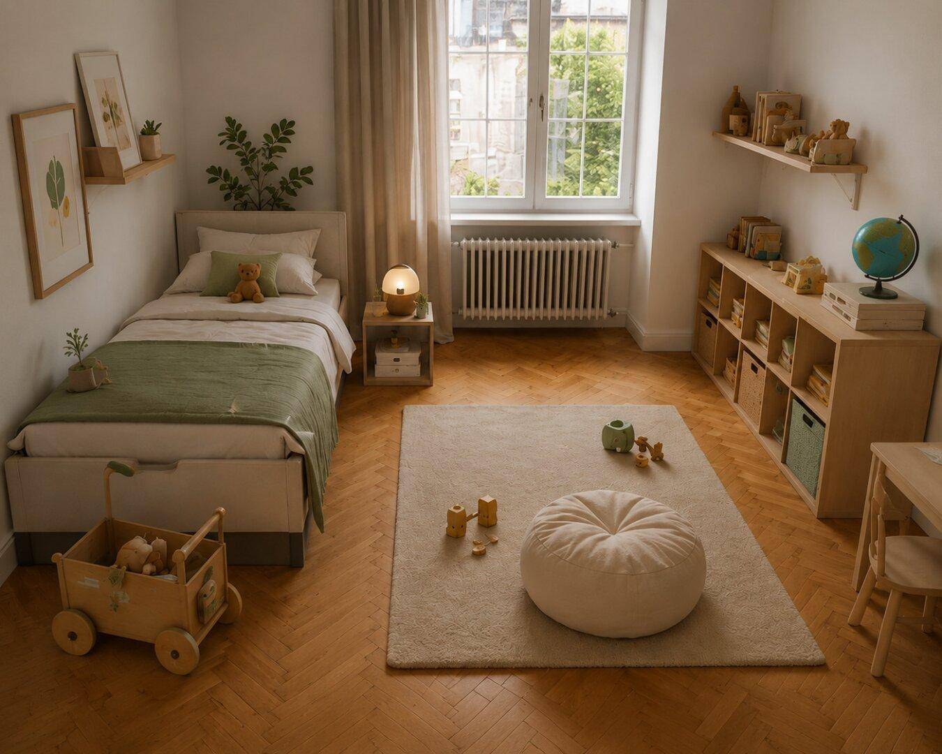 Gemütliches Kinderzimmer mit Einzelbett, Holzparkett und Spielzeug, hell und freundlich eingerichtet.