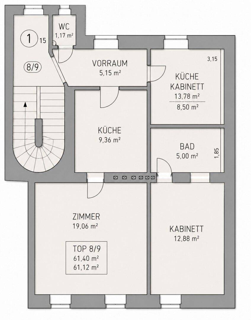 Grundriss einer Wohnung mit mehreren Zimmern, Küche, Bad und separatem WC.