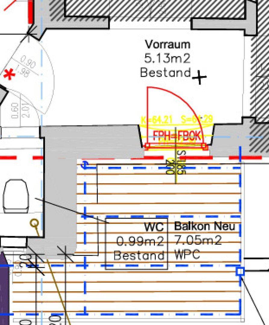 Detaillierter Grundrissausschnitt mit Vorraum, WC und einem geplanten Balkonbereich.